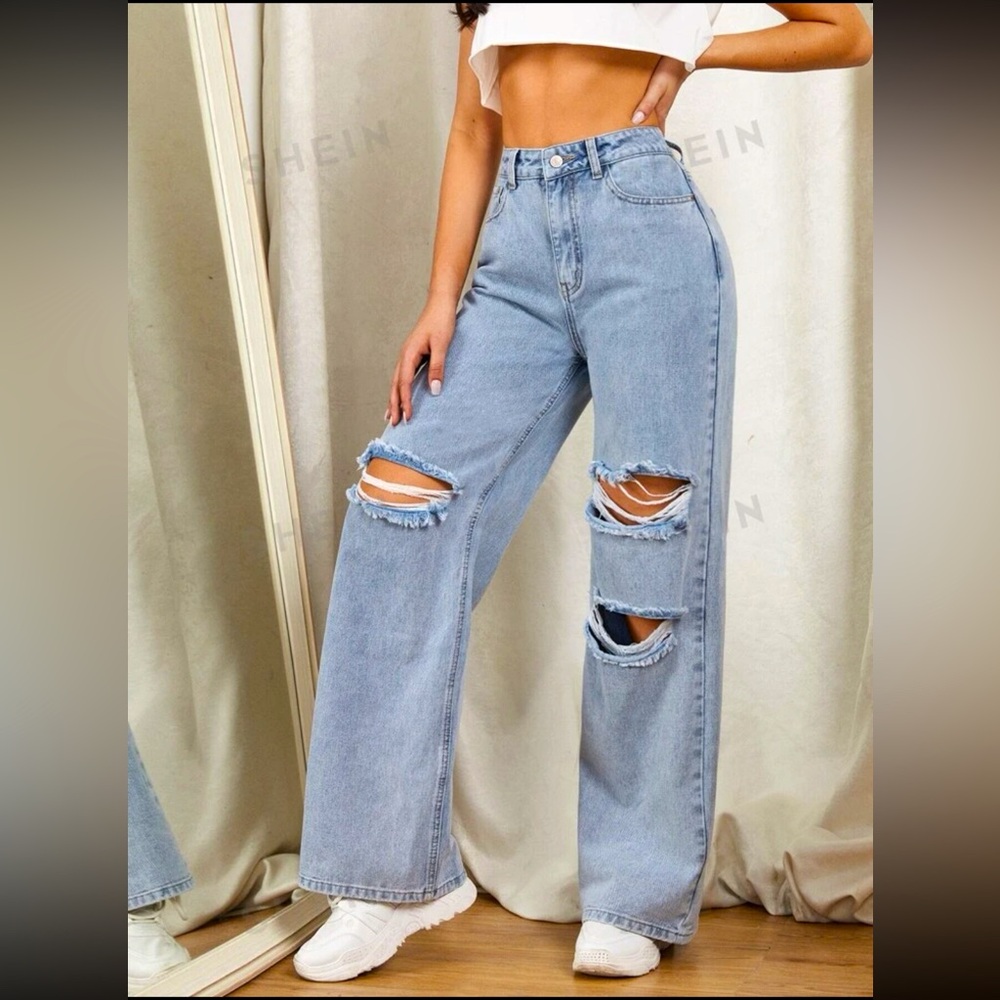 Zipper Fly Ripped Detail Wide Leg High Rise Jeans